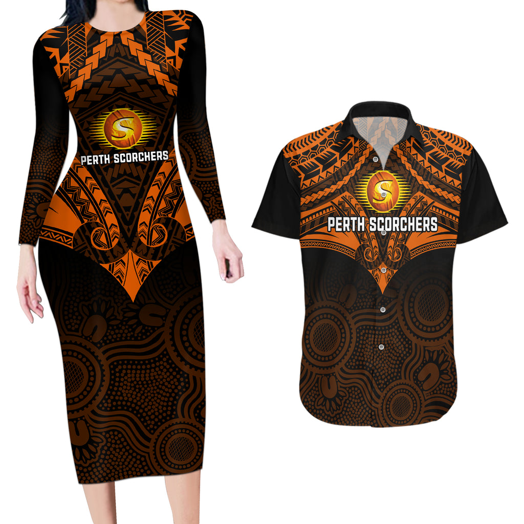 custom-perth-scorchers-cricket-couples-matching-long-sleeve-bodycon-dress-and-hawaiian-shirt-2023-unique-indigenous-art-mix-polynesian-pattern