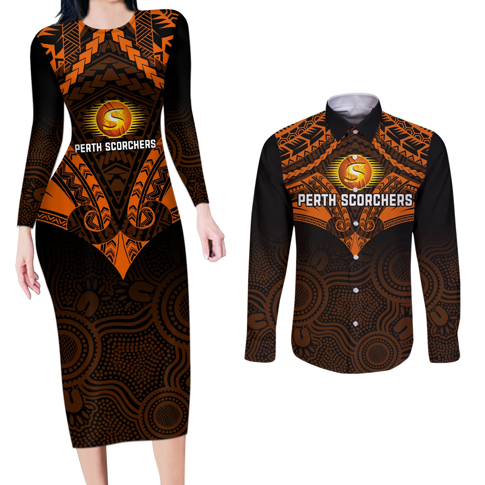 custom-perth-scorchers-cricket-couples-matching-long-sleeve-bodycon-dress-and-long-sleeve-button-shirts-2023-unique-indigenous-art-mix-polynesian-pattern