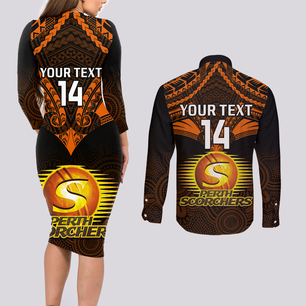 custom-perth-scorchers-cricket-couples-matching-long-sleeve-bodycon-dress-and-long-sleeve-button-shirts-2023-unique-indigenous-art-mix-polynesian-pattern