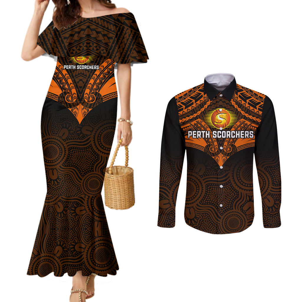 custom-perth-scorchers-cricket-couples-matching-mermaid-dress-and-long-sleeve-button-shirts-2023-unique-indigenous-art-mix-polynesian-pattern
