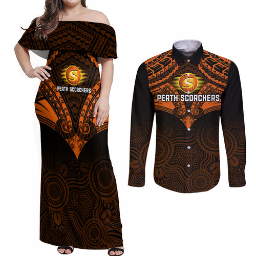 custom-perth-scorchers-cricket-couples-matching-off-shoulder-maxi-dress-and-long-sleeve-button-shirts-2023-unique-indigenous-art-mix-polynesian-pattern