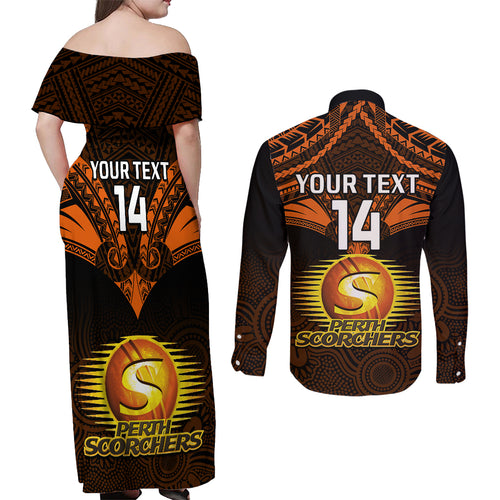 custom-perth-scorchers-cricket-couples-matching-off-shoulder-maxi-dress-and-long-sleeve-button-shirts-2023-unique-indigenous-art-mix-polynesian-pattern