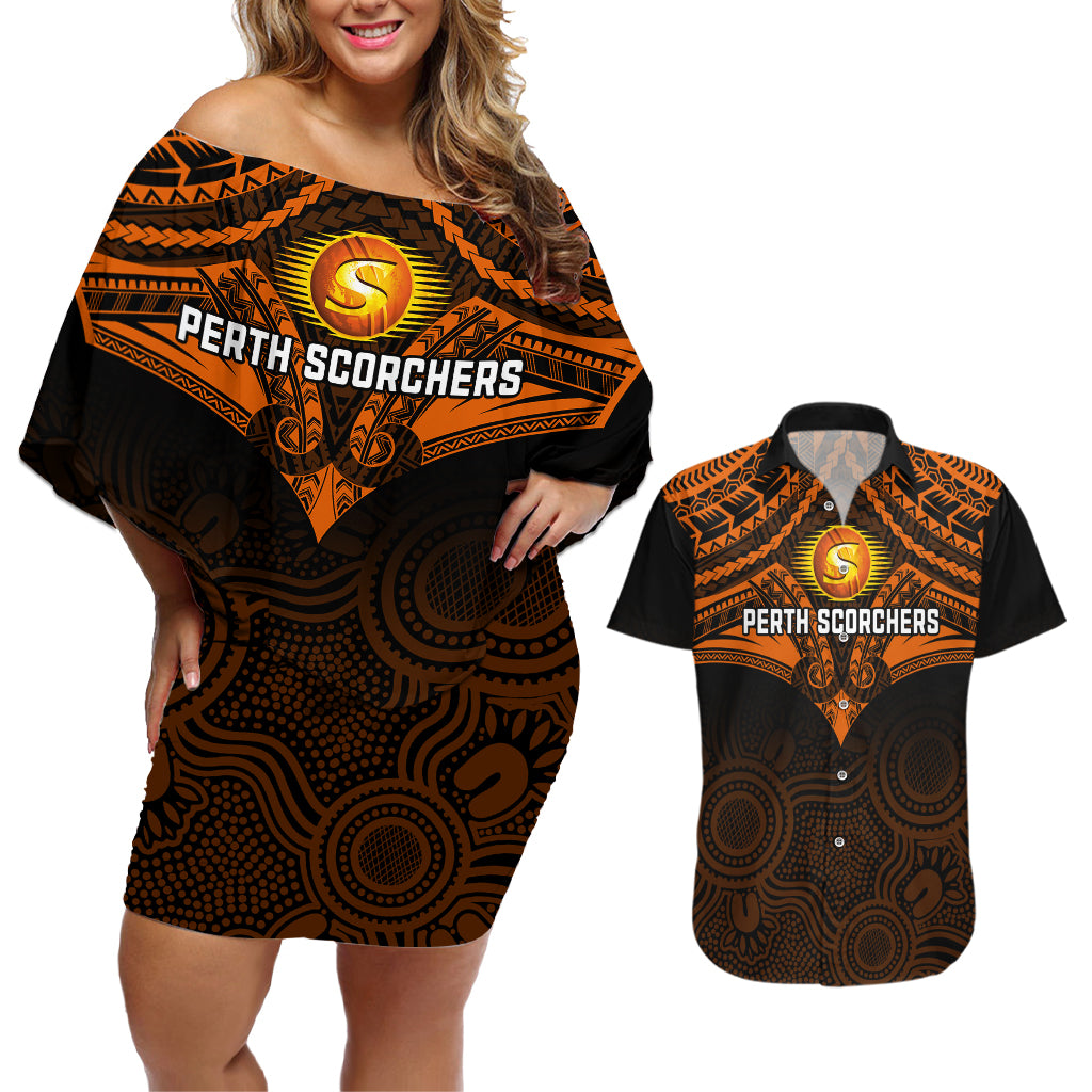 custom-perth-scorchers-cricket-couples-matching-off-shoulder-short-dress-and-hawaiian-shirt-2023-unique-indigenous-art-mix-polynesian-pattern