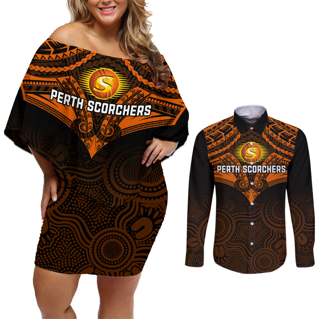custom-perth-scorchers-cricket-couples-matching-off-shoulder-short-dress-and-long-sleeve-button-shirts-2023-unique-indigenous-art-mix-polynesian-pattern