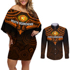 custom-perth-scorchers-cricket-couples-matching-off-shoulder-short-dress-and-long-sleeve-button-shirts-2023-unique-indigenous-art-mix-polynesian-pattern