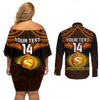 custom-perth-scorchers-cricket-couples-matching-off-shoulder-short-dress-and-long-sleeve-button-shirts-2023-unique-indigenous-art-mix-polynesian-pattern