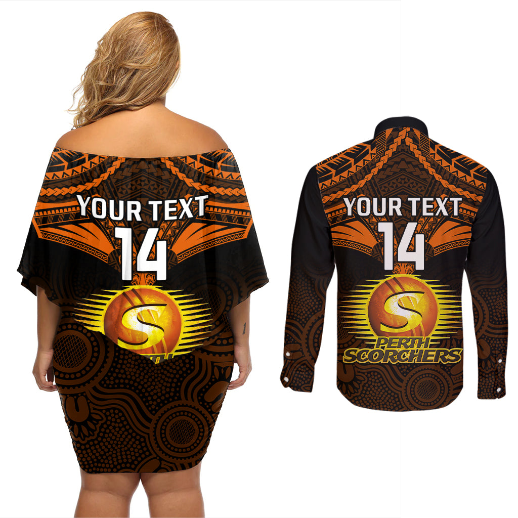 custom-perth-scorchers-cricket-couples-matching-off-shoulder-short-dress-and-long-sleeve-button-shirts-2023-unique-indigenous-art-mix-polynesian-pattern