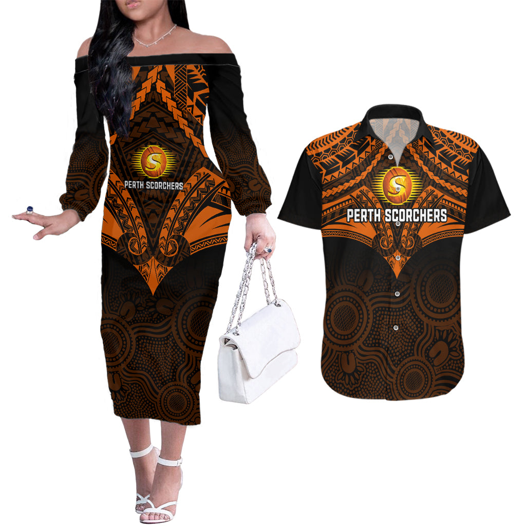 custom-perth-scorchers-cricket-couples-matching-off-the-shoulder-long-sleeve-dress-and-hawaiian-shirt-2023-unique-indigenous-art-mix-polynesian-pattern