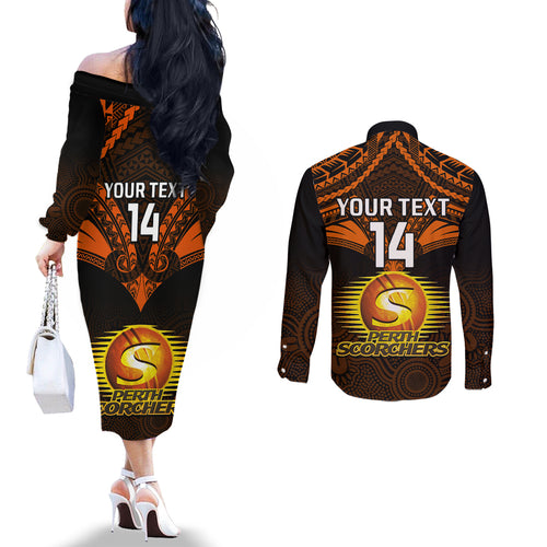 custom-perth-scorchers-cricket-couples-matching-off-the-shoulder-long-sleeve-dress-and-long-sleeve-button-shirts-2023-unique-indigenous-art-mix-polynesian-pattern