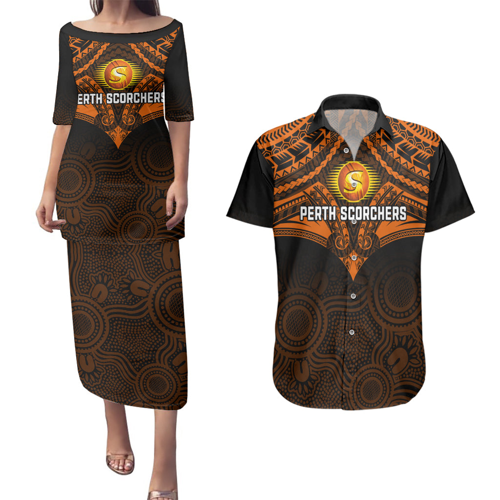 custom-perth-scorchers-cricket-couples-matching-puletasi-dress-and-hawaiian-shirt-2023-unique-indigenous-art-mix-polynesian-pattern