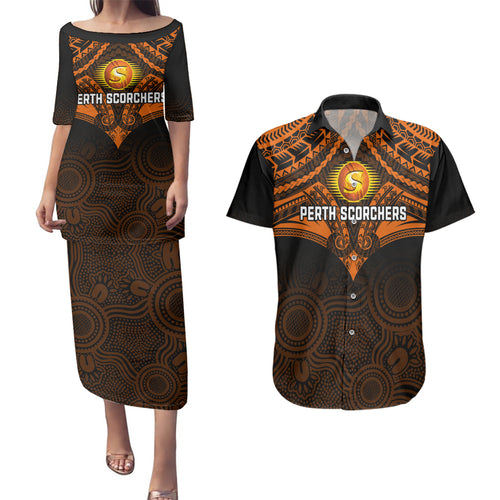 custom-perth-scorchers-cricket-couples-matching-puletasi-dress-and-hawaiian-shirt-2023-unique-indigenous-art-mix-polynesian-pattern