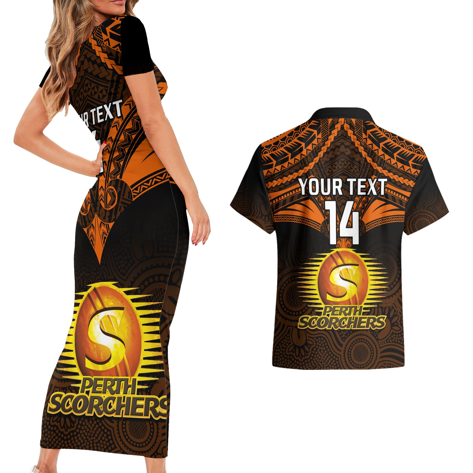 custom-perth-scorchers-cricket-couples-matching-short-sleeve-bodycon-dress-and-hawaiian-shirt-2023-unique-indigenous-art-mix-polynesian-pattern