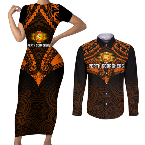 custom-perth-scorchers-cricket-couples-matching-short-sleeve-bodycon-dress-and-long-sleeve-button-shirts-2023-unique-indigenous-art-mix-polynesian-pattern
