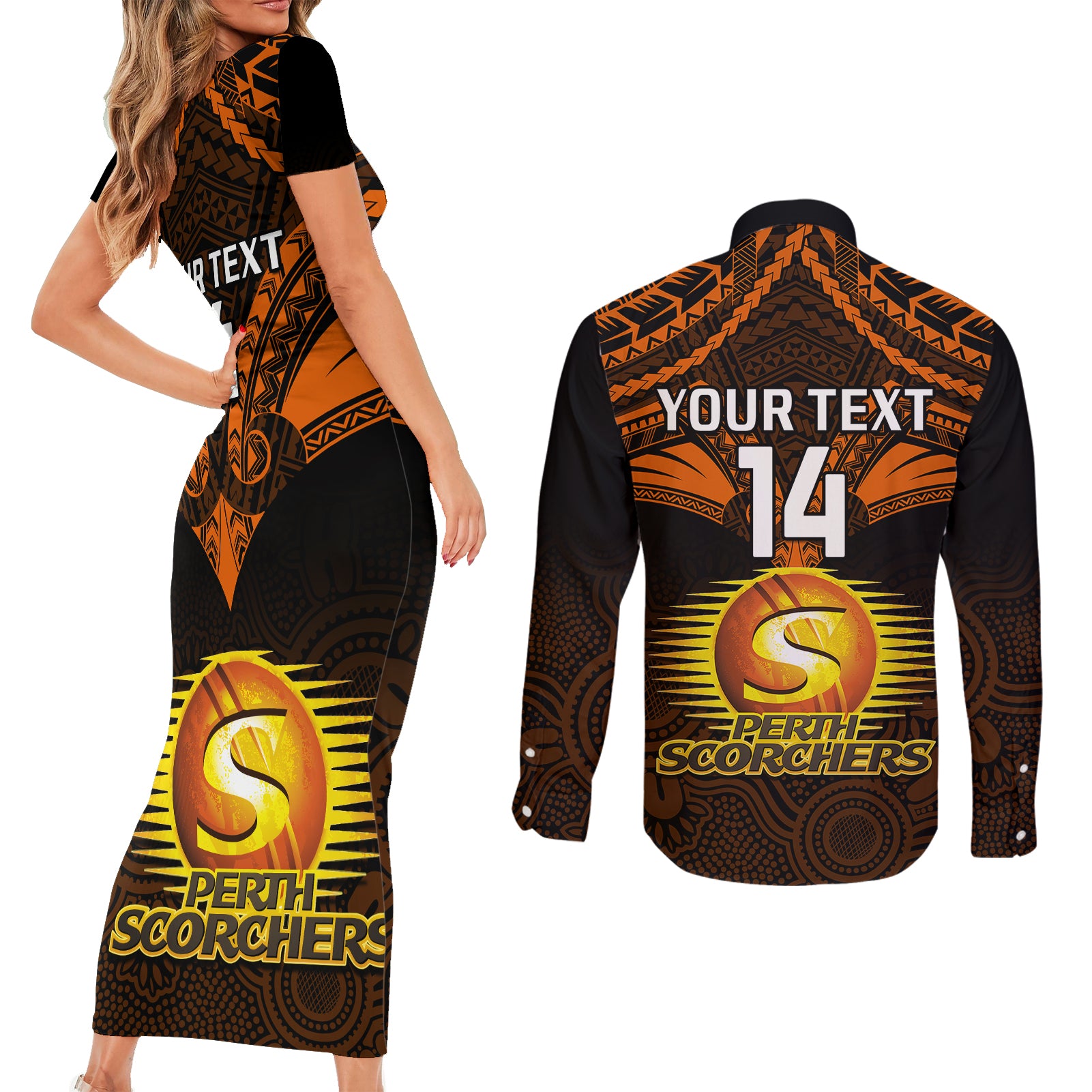 custom-perth-scorchers-cricket-couples-matching-short-sleeve-bodycon-dress-and-long-sleeve-button-shirts-2023-unique-indigenous-art-mix-polynesian-pattern