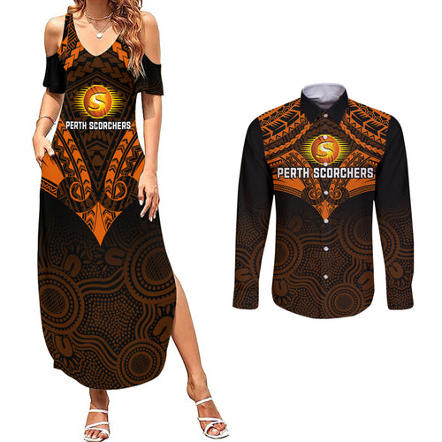 custom-perth-scorchers-cricket-couples-matching-summer-maxi-dress-and-long-sleeve-button-shirts-2023-unique-indigenous-art-mix-polynesian-pattern