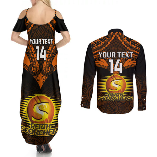 custom-perth-scorchers-cricket-couples-matching-summer-maxi-dress-and-long-sleeve-button-shirts-2023-unique-indigenous-art-mix-polynesian-pattern