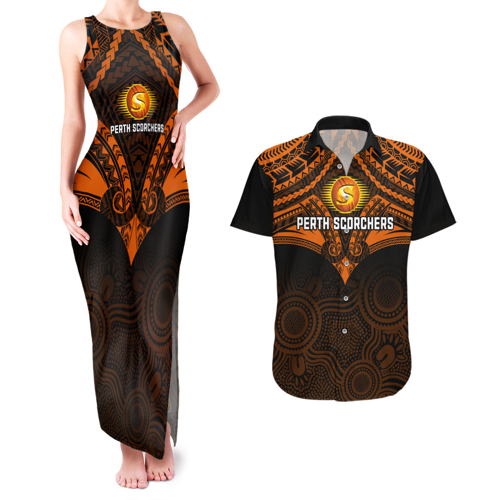 custom-perth-scorchers-cricket-couples-matching-tank-maxi-dress-and-hawaiian-shirt-2023-unique-indigenous-art-mix-polynesian-pattern