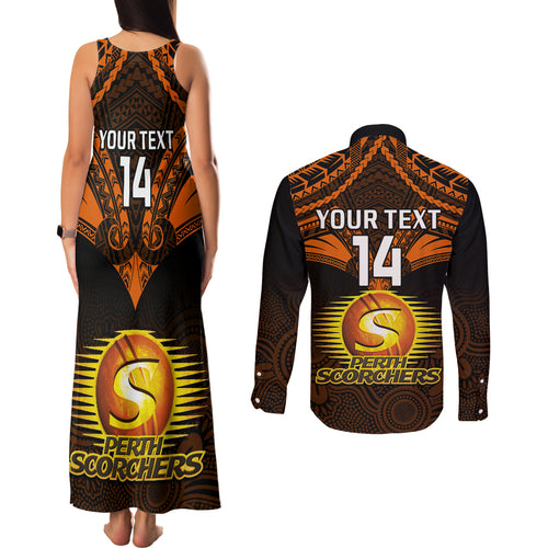custom-perth-scorchers-cricket-couples-matching-tank-maxi-dress-and-long-sleeve-button-shirts-2023-unique-indigenous-art-mix-polynesian-pattern