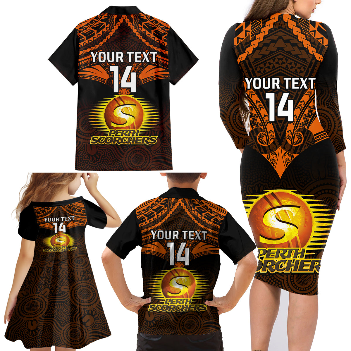 custom-perth-scorchers-cricket-family-matching-long-sleeve-bodycon-dress-and-hawaiian-shirt-2023-unique-indigenous-art-mix-polynesian-pattern