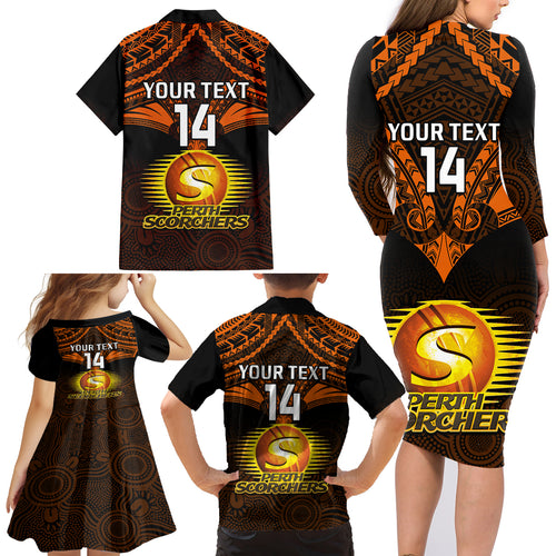 custom-perth-scorchers-cricket-family-matching-long-sleeve-bodycon-dress-and-hawaiian-shirt-2023-unique-indigenous-art-mix-polynesian-pattern