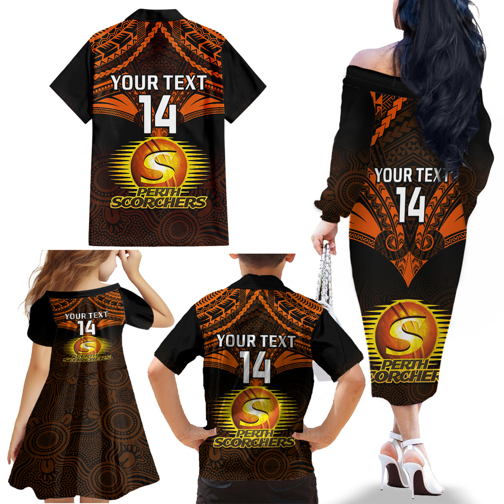 Custom Perth Scorchers Cricket Family Matching Off Shoulder Long Sleeve Dress and Hawaiian Shirt 2023 Unique Indigenous Art Mix Polynesian Pattern LT14