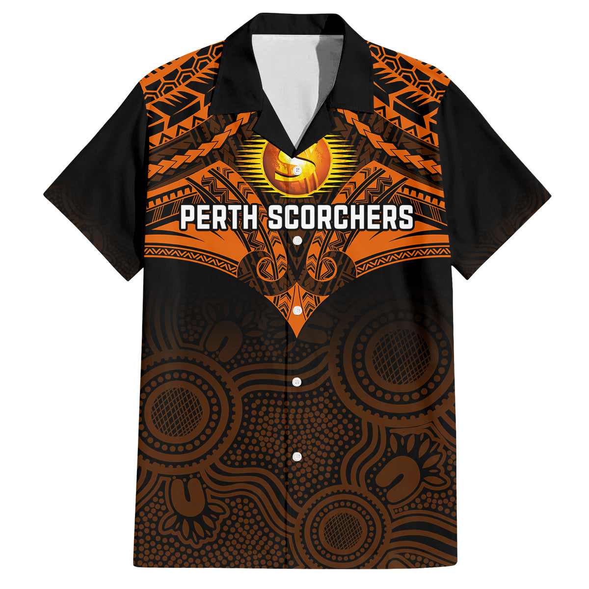 Custom Perth Scorchers Cricket Family Matching Off Shoulder Long Sleeve Dress and Hawaiian Shirt 2023 Unique Indigenous Art Mix Polynesian Pattern LT14