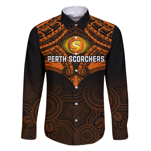 Custom Perth Scorchers Cricket Family Matching Off Shoulder Long Sleeve Dress and Hawaiian Shirt 2023 Unique Indigenous Art Mix Polynesian Pattern LT14