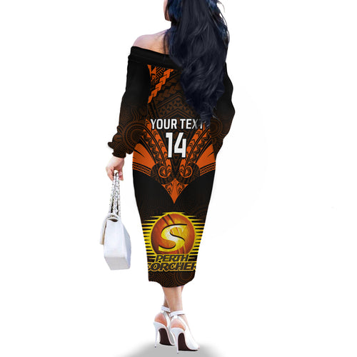 Custom Perth Scorchers Cricket Family Matching Off Shoulder Long Sleeve Dress and Hawaiian Shirt 2023 Unique Indigenous Art Mix Polynesian Pattern LT14