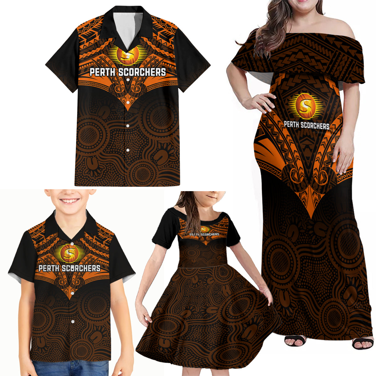 custom-perth-scorchers-cricket-family-matching-off-shoulder-maxi-dress-and-hawaiian-shirt-2023-unique-indigenous-art-mix-polynesian-pattern