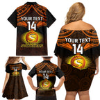 Custom Perth Scorchers Cricket Family Matching Off Shoulder Short Dress and Hawaiian Shirt 2023 Unique Indigenous Art Mix Polynesian Pattern LT14