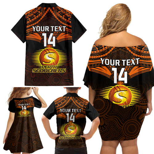 Custom Perth Scorchers Cricket Family Matching Off Shoulder Short Dress and Hawaiian Shirt 2023 Unique Indigenous Art Mix Polynesian Pattern LT14