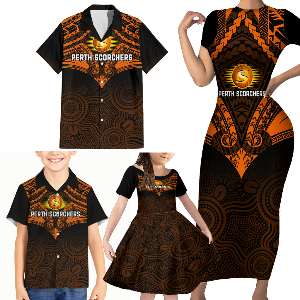 custom-perth-scorchers-cricket-family-matching-short-sleeve-bodycon-dress-and-hawaiian-shirt-2023-unique-indigenous-art-mix-polynesian-pattern