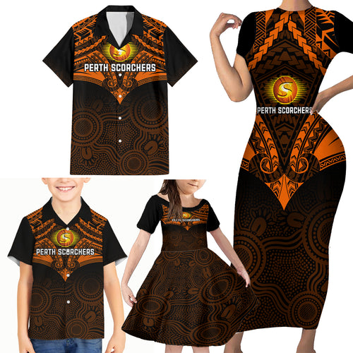 custom-perth-scorchers-cricket-family-matching-short-sleeve-bodycon-dress-and-hawaiian-shirt-2023-unique-indigenous-art-mix-polynesian-pattern