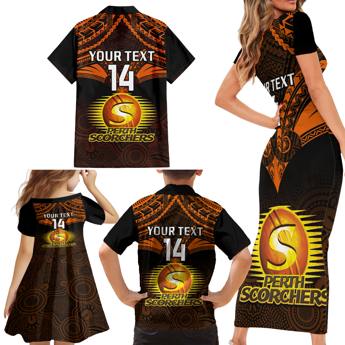 custom-perth-scorchers-cricket-family-matching-short-sleeve-bodycon-dress-and-hawaiian-shirt-2023-unique-indigenous-art-mix-polynesian-pattern