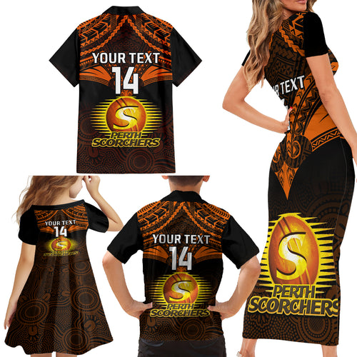 custom-perth-scorchers-cricket-family-matching-short-sleeve-bodycon-dress-and-hawaiian-shirt-2023-unique-indigenous-art-mix-polynesian-pattern