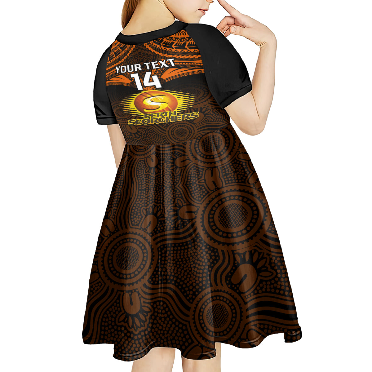 custom-perth-scorchers-cricket-kid-short-sleeve-dress-2023-unique-indigenous-art-mix-polynesian-pattern