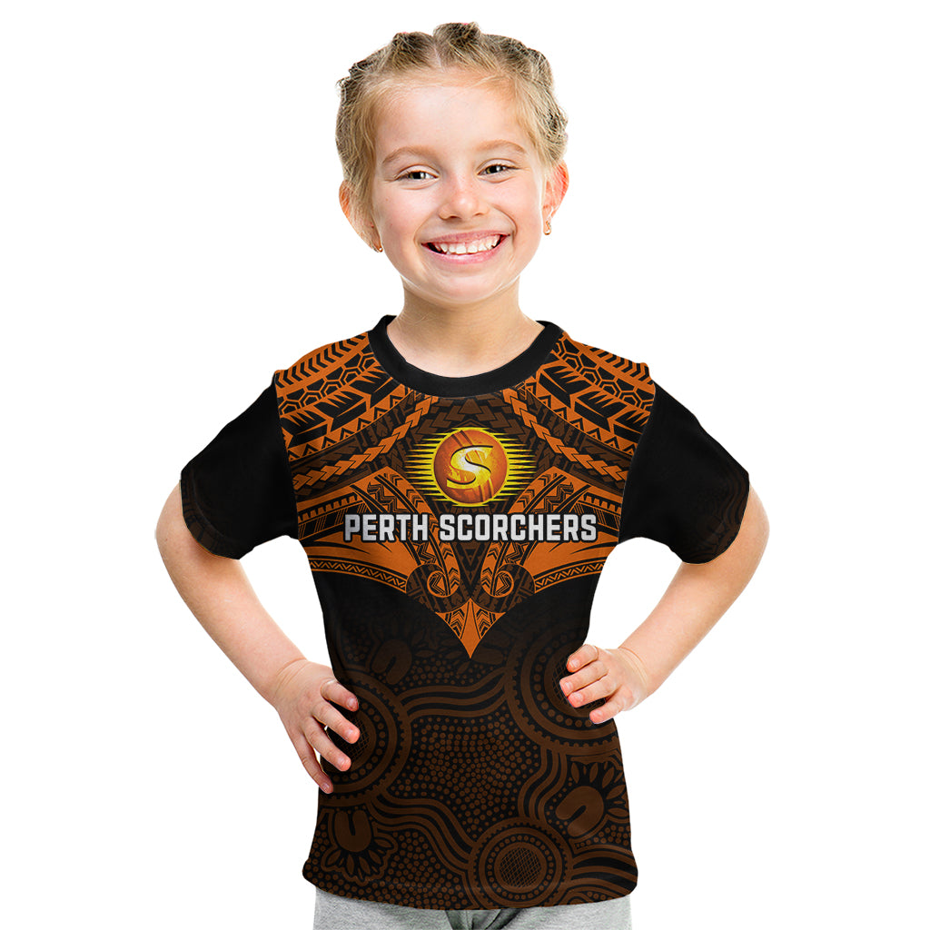 custom-perth-scorchers-cricket-kid-t-shirt-2023-unique-indigenous-art-mix-polynesian-pattern