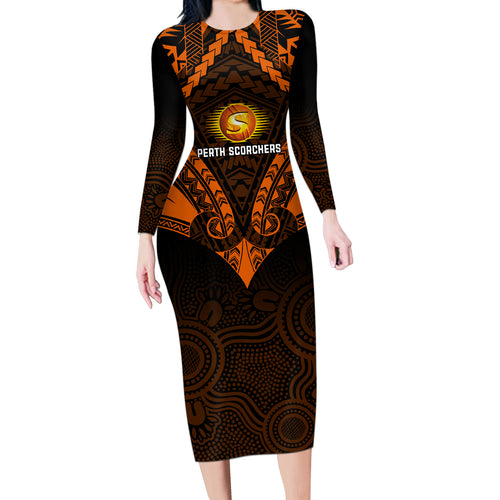 custom-perth-scorchers-cricket-long-sleeve-bodycon-dress-2023-unique-indigenous-art-mix-polynesian-pattern