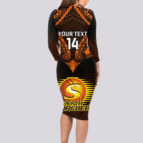 custom-perth-scorchers-cricket-long-sleeve-bodycon-dress-2023-unique-indigenous-art-mix-polynesian-pattern