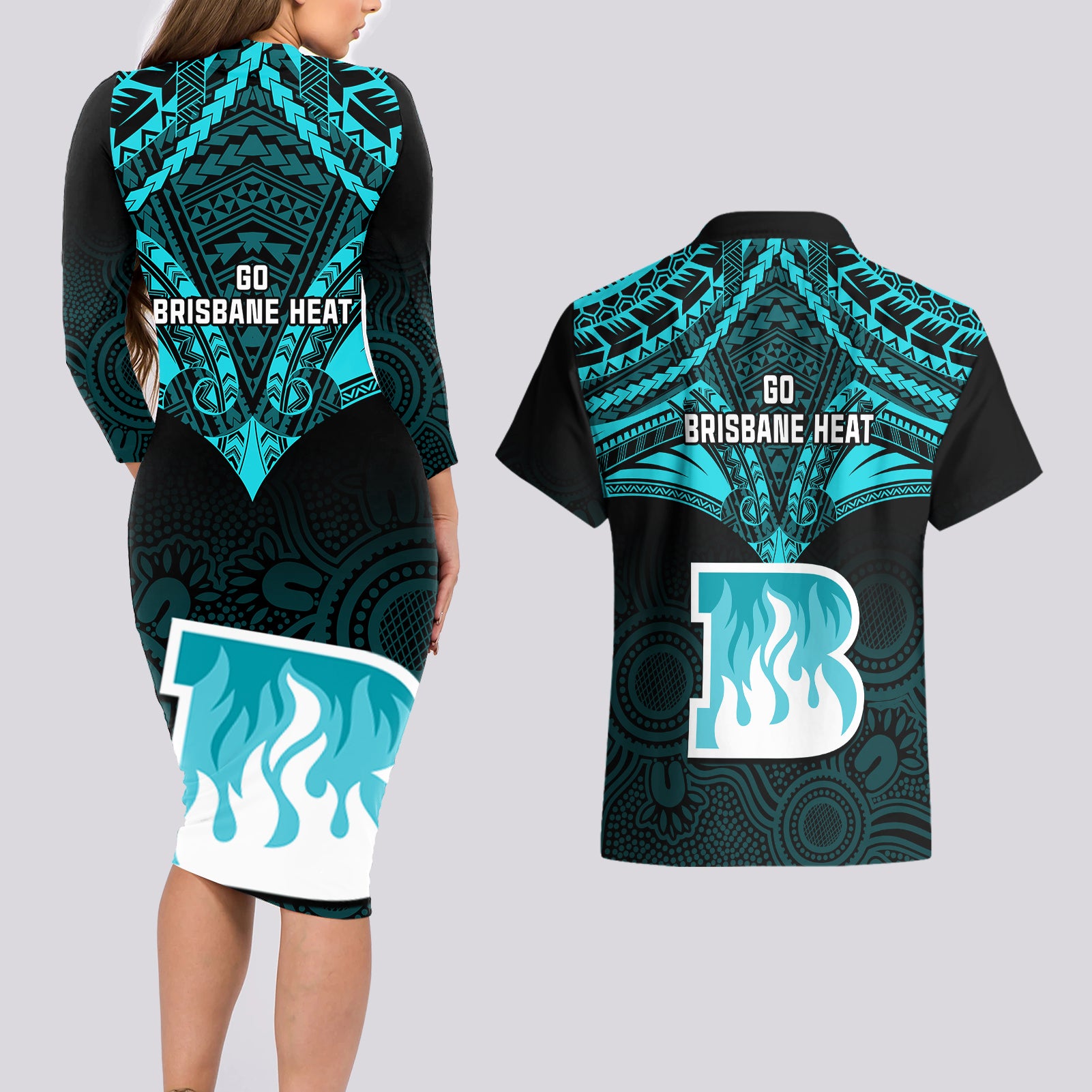 brisbane-heat-cricket-couples-matching-long-sleeve-bodycon-dress-and-hawaiian-shirt-2023-unique-indigenous-art-mix-polynesian-pattern