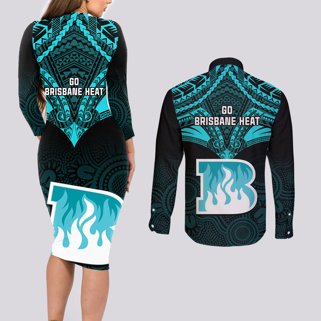 brisbane-heat-cricket-couples-matching-long-sleeve-bodycon-dress-and-long-sleeve-button-shirts-2023-unique-indigenous-art-mix-polynesian-pattern