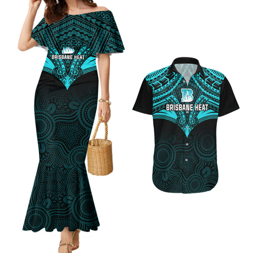 brisbane-heat-cricket-couples-matching-mermaid-dress-and-hawaiian-shirt-2023-unique-indigenous-art-mix-polynesian-pattern