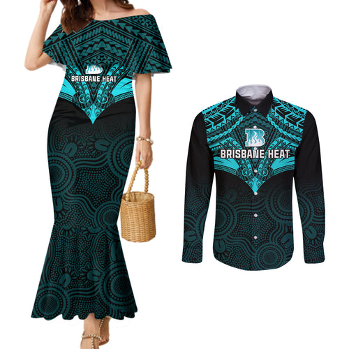 brisbane-heat-cricket-couples-matching-mermaid-dress-and-long-sleeve-button-shirts-2023-unique-indigenous-art-mix-polynesian-pattern