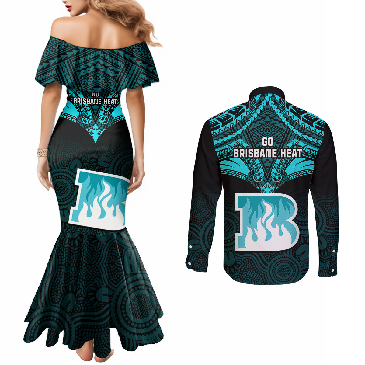 brisbane-heat-cricket-couples-matching-mermaid-dress-and-long-sleeve-button-shirts-2023-unique-indigenous-art-mix-polynesian-pattern