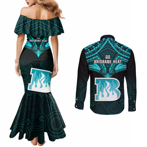 brisbane-heat-cricket-couples-matching-mermaid-dress-and-long-sleeve-button-shirts-2023-unique-indigenous-art-mix-polynesian-pattern