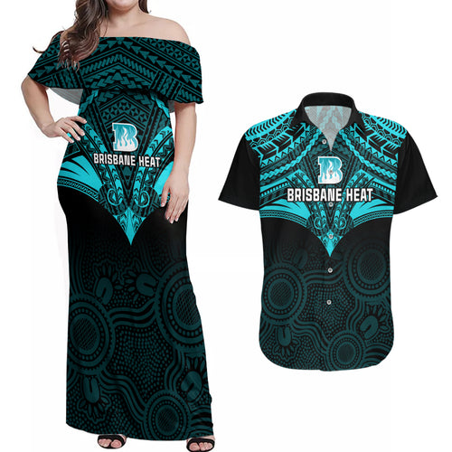 brisbane-heat-cricket-couples-matching-off-shoulder-maxi-dress-and-hawaiian-shirt-2023-unique-indigenous-art-mix-polynesian-pattern