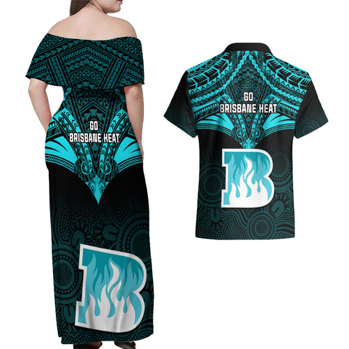brisbane-heat-cricket-couples-matching-off-shoulder-maxi-dress-and-hawaiian-shirt-2023-unique-indigenous-art-mix-polynesian-pattern