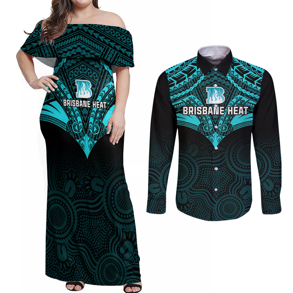 brisbane-heat-cricket-couples-matching-off-shoulder-maxi-dress-and-long-sleeve-button-shirts-2023-unique-indigenous-art-mix-polynesian-pattern