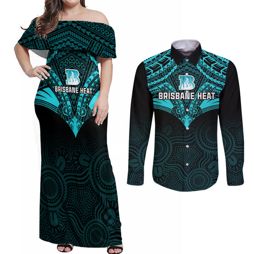 brisbane-heat-cricket-couples-matching-off-shoulder-maxi-dress-and-long-sleeve-button-shirts-2023-unique-indigenous-art-mix-polynesian-pattern