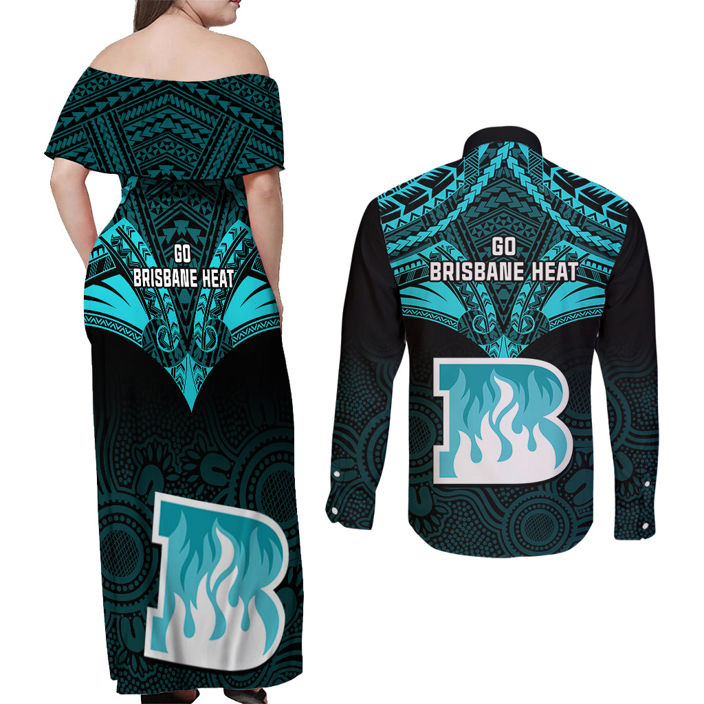 brisbane-heat-cricket-couples-matching-off-shoulder-maxi-dress-and-long-sleeve-button-shirts-2023-unique-indigenous-art-mix-polynesian-pattern